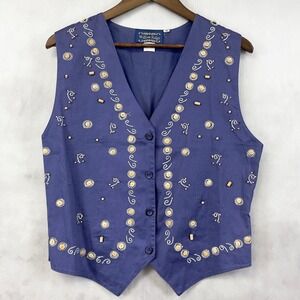 Vtg Willow Ridge Vest Women Medium Purple Embroidered Beaded Cotton Boho Indie